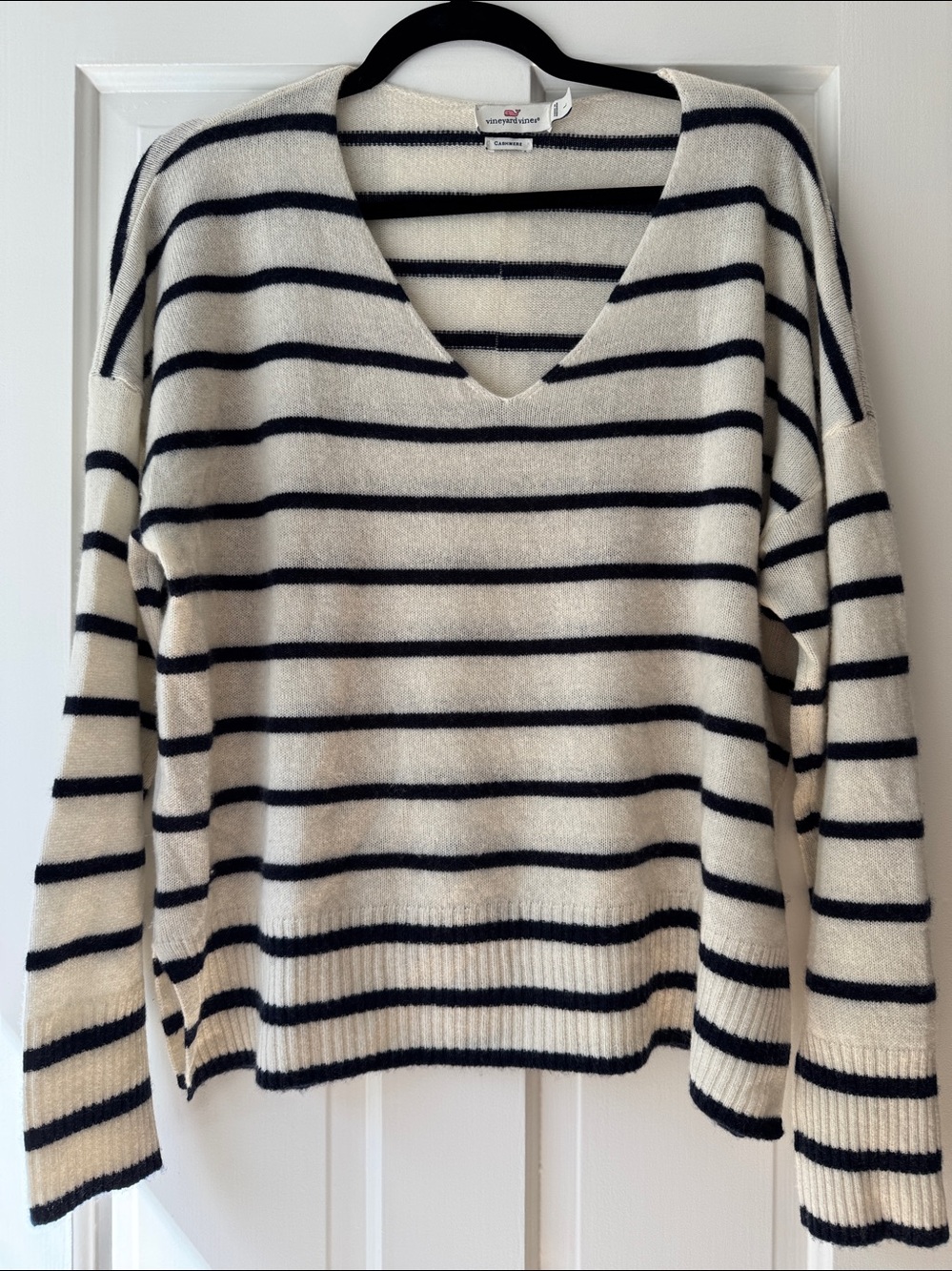 Vineyard Vines Cashmere Cream V-Neck Sweater with Navy Stripes